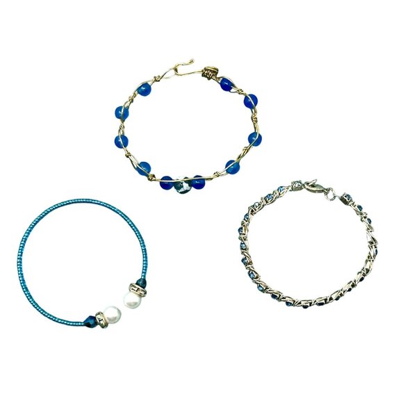 3‎ Vintage 1990s Handcrafted Blue Beaded & Wire Wrapped Bracelets - Picture 3 of 6